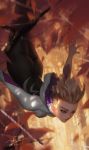  1girl artist_name ass autumn_leaves blonde_hair blurry bodysuit branch dao_trong_le depth_of_field eyebrow_piercing falling highres hood hood_down leaf looking_down marvel midair motion_blur outstretched_arms piercing short_hair signature silk smile solo spider-gwen spider-man:_into_the_spider-verse spider-man_(series) spider_web spider_web_print superhero 