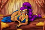  1girl armlet bikini blue_bikini blue_eyes blue_nails braid breasts choker cleavage collarbone commentary curtains dark_skin earrings english_commentary jewelry large_breasts long_braid long_hair luis_parada lying nail_polish on_side pointy_ears purple_hair shantae_(character) shantae_(series) single_braid solo swimsuit thighlet very_long_hair 