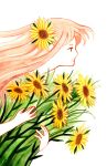  1girl commentary english_commentary flower from_side hair_flower hair_ornament heikala highres holding holding_flower long_hair original plant profile simple_background solo sunflower traditional_media watercolor_(medium) white_background white_skin yellow_flower 