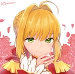  1girl ahoge arm_up bangs blonde_hair braid epaulettes eyebrows_visible_through_hair fate/grand_order fate_(series) floral_background flower french_braid green_eyes hair_between_eyes hair_intakes hand_on_own_chin high_collar long_sleeves looking_at_viewer nero_claudius_(fate) nero_claudius_(fate)_(all) petals red_flower red_rose rose short_hair smile solo twitter_username uniform upper_body white_background yuzuann 