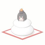  1girl :t animal animal_on_head black_hair cat cat_on_head chomusuke commentary food fruit hagi_neco highres in_food kagami_mochi kono_subarashii_sekai_ni_shukufuku_wo! mandarin_orange megumin on_head red_eyes short_hair solid_eyes white_background 