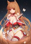  1girl absurdres ahri ahri_(cosplay) animal_ears bare_shoulders breasts brown_hair bug butterfly choker cleavage cosplay crossover eyebrows_visible_through_hair gold_trim highres holo insect korean_clothes large_breasts league_of_legends long_hair low_neckline obi paid_reward patreon_reward paw_pose red_eyes ribbon_trim sash sky smile solo songjikyo spice_and_wolf star_(sky) starry_sky tail thigh_strap very_long_hair wide_sleeves wolf_ears wristband 