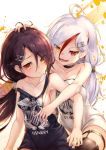  2girls :&lt; ahoge anchor_earrings assisted_exposure azur_lane bare_shoulders black_hair breasts brown_eyes cassin_(azur_lane) cleavage collar collarbone commentary_request cowboy_shot downes_(azur_lane) hair_ornament hairclip hand_on_another&#039;s_head heterochromia jewelry kurenai_musume long_hair low_ponytail medium_breasts mole mole_under_eye multicolored_hair multiple_girls no_bra ponytail red_eyes redhead remodel_(azur_lane) revision shirt sideboob strap_slip streaked_hair thigh-highs two-tone_hair white_hair yellow_eyes 