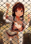  1girl arm_up bangs bent_over black_bra black_panties blurry blurry_background blush bra breasts broken_fence brown_hair chain-link_fence cleavage collarbone collared_shirt commentary_request cowboy_shot day eyebrows_visible_through_hair fence large_breasts long_hair looking_at_viewer na_arva navel no_pants open_clothes open_shirt original outdoors panties parted_lips shirt short_sleeves solo underwear violet_eyes white_shirt 