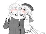  :d ahoge arms_around_neck bangs blush closed_eyes facing_viewer grey_sweater greyscale hair_between_eyes hair_ornament hat highres imminent_kiss lips long_hair long_sleeves looking_at_viewer monochrome open_mouth original pleated_skirt reef ribbed_sweater sailor_collar shirt short_hair short_sleeves simple_background skirt smile spot_color sweater yuri 