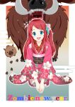  1girl absurdres ahoge blue_eyes boar bow bump-of-chinmen1208 floral_print hair_bow highres japanese_clothes kimono long_hair looking_at_viewer minamoto_sakura obi open_mouth pig polka_dot polka_dot_bow redhead sash smile teeth tusks zombie_land_saga 