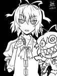  1girl artist_name character_request collared_shirt commentary_request dated doll_joints greyscale hair_between_eyes hair_ribbon kerchief looking_at_viewer monochrome open_mouth reef ribbon shirt signature solo su-san touhou 