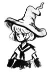  1girl arms_at_sides greyscale hat heikala highres ink_(medium) looking_to_the_side monochrome neckerchief original sailor_collar school_uniform serafuku short_hair skirt solo traditional_media witch_hat 