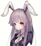  1girl absurdres animal_ears bangs blazer breasts buttons closed_mouth collared_shirt crescent crescent_moon_pin cropped_arms dress_shirt highres hito_komoru jacket long_hair looking_at_viewer medium_breasts purple_hair rabbit_ears red_eyes reisen_udongein_inaba shirt simple_background solo touhou upper_body white_background wing_collar 