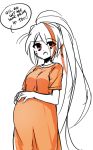  1girl drawfag english_text facial_scar hair_over_one_eye hands_on_stomach highres long_hair long_shirt multicolored_hair nikaidou_saki orange_shirt ponytail pregnant red_eyes scar scar_on_cheek shirt streaked_hair very_long_hair zombie_land_saga 