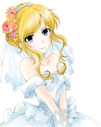  1girl bare_shoulders blonde_hair blue_dress blue_eyes blue_hairband blue_wedding_dress bridal_veil collarbone commentary_request dress flower hair_flower hair_ornament hair_up hairband highres idolmaster idolmaster_cinderella_girls koh_(h_nr) looking_at_viewer ootsuki_yui short_sleeves simple_background smile solo strapless strapless_dress veil wedding_dress white_background 