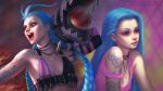  :d arm_tattoo artist_name blue_hair braid breasts bullet bullet_necklace chest_tattoo closed_mouth commentary deviantart_username english_commentary eyelashes facebook_username gohpot gun hair_ornament hairclip highres holding holding_gun holding_weapon jewelry jinx_(league_of_legends) league_of_legends lips long_hair necklace off_shoulder open_mouth pink_shirt shirt small_breasts smile tattoo teeth tongue twin_braids very_long_hair violet_eyes watermark weapon web_address whorled_clouds 