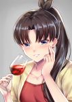  1girl alternate_hairstyle black_bow black_hair blue_eyes bow collarbone cup earrings eyebrows_visible_through_hair fate/stay_night fate_(series) hair_bow hair_over_shoulder high_ponytail holding holding_cup jewelry kelinch1 long_hair looking_at_viewer red_shirt shiny shiny_hair shirt solo tohsaka_rin upper_body very_long_hair 