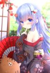  1girl animal bangs black_kimono blue_eyes blue_hair blurry blurry_background blurry_foreground blush bunny_hair_ornament chinese_zodiac closed_mouth commentary_request day depth_of_field eyebrows_visible_through_hair finger_to_mouth floral_print flower gochuumon_wa_usagi_desu_ka? hair_between_eyes hair_ornament hairclip highres index_finger_raised japanese_clothes kafuu_chino kimono kouda_suzu long_hair long_sleeves looking_at_viewer looking_to_the_side obi off_shoulder oriental_umbrella pig print_kimono red_flower red_umbrella sash sleeves_past_wrists smile solo tippy_(gochiusa) tree_branch umbrella very_long_hair x_hair_ornament year_of_the_pig 