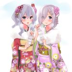  2girls absurdres alternate_costume blue_eyes floral_print flower fur_trim hair_flower hair_ornament hair_over_one_eye hairclip hamakaze_(kantai_collection) highres japanese_clothes kantai_collection kashima_(kantai_collection) kimono looking_at_viewer medium_hair multiple_girls obi pink_kimono purple_kimono sarfata sash short_hair silver_hair simple_background smile standing twintails upper_body white_background wide_sleeves yellow_sash 