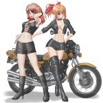  2girls absurdres biker_clothes bikesuit blue_eyes boots brown_hair ground_vehicle heart heart-shaped_pupils highres motor_vehicle motorcycle multiple_girls ponytail short_hair symbol-shaped_pupils thigh-highs thigh_boots yuta0toku 