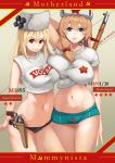  2girls asymmetrical_docking black_panties blonde_hair blush bolt_action boyshorts breast_press breasts brown_hair character_name closed_mouth clothes_writing commentary contrapposto cowboy_shot cropped_sweater cyrillic english_commentary english_text fur_hat girls_frontline gradient gradient_background grey_background grey_sweater gun hair_between_eyes hair_over_shoulder hammer_and_sickle hat hat_ornament highres kion-kun large_breasts looking_at_viewer midriff mosin-nagant mosin-nagant_(girls_frontline) multiple_girls nagant_m1895 nagant_revolver_(girls_frontline) navel panties parted_lips rifle short_sleeves smile sweater thigh_gap underwear weapon weapon_name 