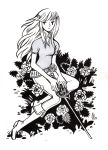  1girl boots breasts closed_mouth commentary commission english_commentary flower grass greyscale heikala leaf light_smile long_hair looking_to_the_side monochrome original short_sleeves sitting small_breasts solo 