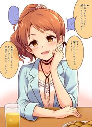  1girl :d arms_on_table blue_jacket blush breasts brown_eyes brown_hair choker cleavage collarbone cup flower food hair_flower hair_ornament hand_on_own_cheek head_tilt houjou_karen idolmaster idolmaster_cinderella_girls jacket looking_at_viewer medium_hair open_mouth plate ponytail shirt smile solo speech_bubble translation_request uraichishi white_shirt 