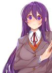  1girl blush breasts collared_shirt commentary doki_doki_literature_club english_commentary eyebrows_visible_through_hair grey_jacket hair_between_eyes highres jacket large_breasts long_hair looking_at_viewer purple_hair school_uniform shirt simple_background solo upper_body violet_eyes white_background white_shirt xhunzei yuri_(doki_doki_literature_club) 