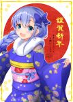  1girl :d bangs blue_bow blue_eyes blue_hair blue_kimono blush bow braid commentary_request eyebrows_visible_through_hair floral_print fur_collar hair_between_eyes hair_bow highres japanese_clothes kimono long_hair long_sleeves looking_at_viewer nijisanji obi open_mouth pinching_sleeves print_kimono sash signature single_braid sleeves_past_wrists smile solo translated virtual_youtuber wide_sleeves ymd_(holudoun) yuuki_chihiro 