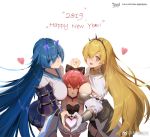  2019 3girls :d armor artist_request bare_shoulders black_legwear blonde_hair blue_eyes blue_hair bow breasts cheek_press collar cowboy_shot eyebrows_visible_through_hair faulds fingers_together garter_straps girl_sandwich hair_bow hairband hand_holding happy_new_year heart heart_hands_trio interlocked_fingers japanese_armor long_hair looking_at_viewer mengjing_lianjie multiple_girls new_year one_eye_closed open_mouth own_hands_together pink_hair pleated_skirt sandwiched short_hair shoulder_armor skirt small_breasts smile sode thigh-highs very_long_hair wide_sleeves yellow_eyes 