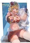 1girl 2018 :d adapted_costume blonde_hair blue_background blue_eyes bow_(bhp) breasts cleavage commentary_request earmuffs english_text fang fur_trim gloves hairband hand_up hat holding large_breasts looking_at_viewer merry_christmas microskirt mini_hat navel open_mouth original panties pantyshot pantyshot_(sitting) pencil_skirt pink_panties red_skirt sack santa_costume santa_hat short_hair sitting skirt smile solo striped striped_panties thigh-highs underwear white_legwear