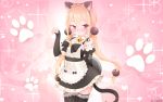  1girl animal_ears apron bare_shoulders bell black_ribbon blonde_hair blush breasts cat_ears cat_tail frilled_skirt frills highres jingle_bell long_hair maid maid_apron maid_headdress medium_breasts paw_print pink_background ribbon skirt sunkazer tail white_coat xiaoyuan_(you_can_eat_the_girl) you_can_eat_the_girl 