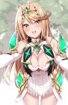  1girl bangs blonde_hair blush breasts cleavage cleavage_cutout dress earrings eyebrows_visible_through_hair gem hair_ornament mythra_(xenoblade) jewelry jiino long_hair navel nintendo open_mouth outstretched_arms shoulder_armor smile solo strap strapless strapless_dress swept_bangs tiara turtleneck very_long_hair white_dress xenoblade_(series) xenoblade_2 yellow_eyes 