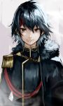 1boy 55level aiguillette androgynous black_hair chains close-up closed_mouth epaulettes fur_collar hair_between_eyes hair_ornament hairclip highres looking_at_viewer military military_jacket military_uniform short_hair smile solo stitches suzuya_juuzou tokyo_ghoul tokyo_ghoul:re uniform 