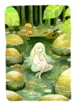  1girl border clover forest green_hair heikala highres leaf long_hair mushroom nature nude original outdoors partially_submerged pond ripples rock sitting solo two-tone_skin very_long_hair water white_border 