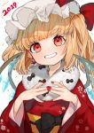  1girl 2019 alternate_costume artist_name bangs black_bow blonde_hair blush bow crystal dated earrings fingernails fingers_together flandre_scarlet gotoh510 grin hat hat_ribbon head_tilt highres japanese_clothes jewelry kimono long_hair looking_at_viewer mob_cap nail_polish obi origami paper_crane red_eyes red_kimono red_nails red_ribbon ribbon sash simple_background smile solo teeth touhou upper_body white_background white_hat wings yukata 