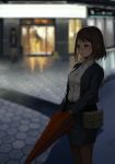  1girl bag blue_jacket blurry blurry_background brown_eyes brown_hair business_suit collared_shirt commentary_request doors dress_shirt formal hair_ornament handbag highres holding holding_umbrella hongye_feixue jacket night office_lady original outdoors pantyhose pencil_skirt road shirt short_hair skirt skirt_suit smile standing storefront street suit umbrella window x_hair_ornament 