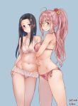  2girls akino_komichi artist_name bikini bikini_skirt black_hair blush breasts cleavage collarbone dated eyebrows_visible_through_hair floral_print flower_bikini forehead front-tie_bikini front-tie_top gluteal_fold groin hair_between_eyes hand_on_own_stomach highres hip_bones idolmaster idolmaster_cinderella_girls long_legs looking_at_viewer medium_breasts multiple_girls nape navel parted_lips pink_bikini pink_hair ponytail saionji_kotoka side-tie_bikini sidelocks smile suzumiya_seika swimsuit thigh_gap thighs violet_eyes white_bikini yellow_eyes 