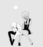  2others androgynous cairngorm_(houseki_no_kuni) full_moon gem_uniform_(houseki_no_kuni) ghost_quartz_(houseki_no_kuni) grey_background hands_on_own_face houseki_no_kuni monochrome moon multiple_others necktie short_hair short_hair_with_long_locks shumiko_(kamenokoueki) sitting smile spoilers suspenders 