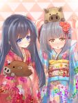  2019 2girls alternate_costume animal animal_on_head asashio_(kantai_collection) ayamiyuki black_hair blue_eyes blue_kimono blush carrying chinese_zodiac eyebrows_visible_through_hair floral_print grey_hair hair_ornament highres japanese_clothes kantai_collection kanzashi kasumi_(kantai_collection) kimono long_hair long_sleeves multiple_girls new_year obi on_head patterned_background pig print_kimono red_kimono red_ribbon ribbon sash side_ponytail upper_body wide_sleeves year_of_the_pig yellow_eyes 