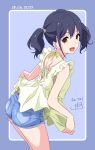  1girl :d black_hair clothes_lift dated denim denim_shorts frilled_shirt frilled_sleeves frills looking_at_viewer looking_back medium_hair nii_manabu open_mouth original purple_background shirt shirt_lift short_shorts short_sleeves shorts side_ponytail signature simple_background smile solo standing twintails yellow_eyes yellow_shirt 