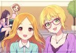  4girls :3 :d ^_^ agata_(agatha) bangs bare_shoulders blonde_hair breasts cleavage closed_eyes closed_eyes collarbone dot_nose eyebrows_visible_through_hair glasses green_eyes hair_ornament hairclip heart heart_necklace ichinose_shiki idolmaster idolmaster_cinderella_girls jewelry long_hair looking_at_viewer miyamoto_frederica mochizuki_hijiri multiple_girls necklace open_mouth orange_hair parted_bangs pink-framed_eyewear purple_hair red_eyes ryuuzaki_kaoru short_hair sideways_mouth sitting sleeves_past_elbows smile yellow_eyes 