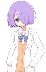  .live 1girl bow collared_shirt dress_shirt hair_ornament hair_over_one_eye hairclip hands_in_pockets kiso_azuki labcoat long_sleeves looking_at_viewer purple_hair school_uniform shirt short_hair simple_background solo striped striped_bow sweater_vest violet_eyes virtual_youtuber white_background white_shirt x_hair_ornament yuukagen_(poipoipopoino) 