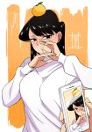  1girl black_hair blush breasts cellphone covering_face disembodied_limb flying_sweatdrops food food_on_head fruit hands highres komi-san_wa_komyushou_desu komi_shouko large_breasts long_hair mandarin_orange object_on_head phone smartphone sweater tesu tsurime turtleneck wavy_mouth white_sweater 