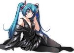  1girl aqua_eyes aqua_hair arm_support bangs bare_shoulders black_gloves black_jacket black_legwear black_ribbon blush breasts cleavage closed_mouth collarbone commentary_request eyebrows_visible_through_hair flower full_body gloves hair_flower hair_ornament hair_ribbon hand_in_hair hand_up hatsune_miku head_tilt jacket long_hair long_sleeves medium_breasts off_shoulder open_clothes open_jacket pantyhose project_diva_(series) reclining ribbon simple_background single_glove smile solo tassel tsukishiro_saika twintails very_long_hair white_background 
