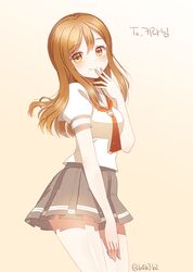  1girl 4b brown_eyes brown_hair cowboy_shot grey_skirt hair_between_eyes kunikida_hanamaru long_hair looking_at_viewer love_live! love_live!_sunshine!! miniskirt neckerchief pleated_skirt red_neckwear school_uniform shiny shiny_skin shirt short_sleeves simple_background skirt smile solo standing twitter_username white_background white_shirt 