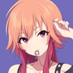  1girl agata_(agatha) bare_shoulders collarbone face hair_between_eyes idolmaster idolmaster_cinderella_girls jewelry key long_hair looking_at_viewer mouth_hold multicolored_hair necklace ninomiya_asuka orange_hair parted_lips purple_background purple_hair simple_background solo two-tone_hair upper_teeth violet_eyes 