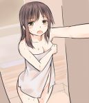  1girl bangs bare_arms bare_shoulders blush breasts brown_eyes brown_hair cleavage collarbone commentary_request cowboy_shot eyebrows_visible_through_hair groin hakurei_reimu indoors long_hair looking_at_viewer medium_breasts miyo_(ranthath) naked_towel open_mouth sidelocks solo standing thighs touhou towel wet 