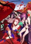  3girls absurdres autumn autumn_leaves bangs bare_shoulders barefoot black_choker blue_bikini_top blue_kimono blue_skirt breasts choker day detached_sleeves erect_nipples eyebrows_visible_through_hair fate/grand_order fate_(series) folded_ponytail freze hair_over_one_eye halter_top halterneck highres japanese_clothes kimono large_breasts leaf long_hair looking_at_viewer magatama maple_leaf minamoto_no_raikou_(fate/grand_order) miyamoto_musashi_(fate/grand_order) multiple_girls nude obi oni oni_horns open_clothes open_kimono open_mouth oriental_umbrella outdoors parted_bangs pink_hair purple_hair purple_kimono red_legwear revealing_clothes river rock sash short_hair shuten_douji_(fate/grand_order) sitting skirt small_breasts swept_bangs umbrella violet_eyes water 