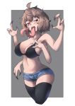  1girl 307_(aho307) ahoge bare_arms bare_shoulders black_bra black_legwear blue_shorts bra breasts brown_hair cleavage commentary_request cowboy_shot cropped_legs denim denim_shorts extra_arms fewer_digits grey_background hands_up highres large_breasts long_tongue monster_girl original red_eyes short_hair short_shorts shorts simple_background solo standing thigh-highs tongue tongue_out underwear very_long_tongue 