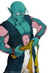  1boy abs alien antennae artist_name bald belt dragon_ball dragon_ball_super green_skin male_focus open_clothes open_shirt pointy_ears saonel sash solo vest 