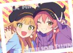  2girls agata_(agatha) bangs blonde_hair blue_shirt blush claw_pose collarbone earrings eyelashes fangs green_eyes grin hair_between_eyes hand_gesture hat idolmaster idolmaster_cinderella_girls jewelry jougasaki_mika jougasaki_rika long_hair long_sleeves looking_at_viewer multiple_girls necklace one_eye_closed open_mouth pink_hair purple_sweater shirt siblings sidelocks sisters smile sparkling_eyes sweater turtleneck turtleneck_sweater v yellow_eyes 