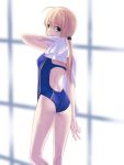 1girl ahoge artoria_pendragon_(all) ass bangs berrykanry blonde_hair blue_swimsuit competition_swimsuit ears eyebrows eyebrows_visible_through_hair eyelashes eyelashes_visible_through_hair eyes eyes_visible_through_hair fate/stay_night fate_(series) from_behind green_eyes hair_between_eyes hair_ornament highres holding holding_object holding_towel long_bangs long_hair looking_at_viewer looking_back one-piece_swimsuit ponytail saber shiny shiny_hair solo standing swimsuit thighs towel wet