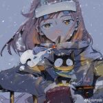  1girl animal black_cat cat cigarette ears flcl highres holding holding_animal holding_cat mouth_hold nose samejima_mamimi smoking snow takkun_(flcl) teenage 